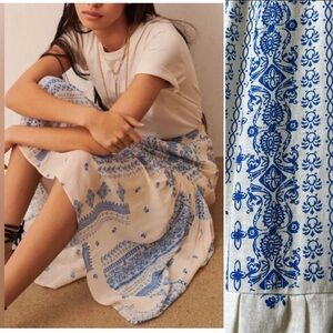 Anthropologie Maison D’Amelie Paris Tile Print Blue and Cream Midi Skirt S